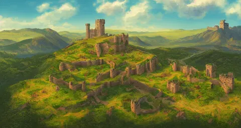 Birdview Isometric Landscape Painting with a Vast Fortress and Castle Complex on a Hile