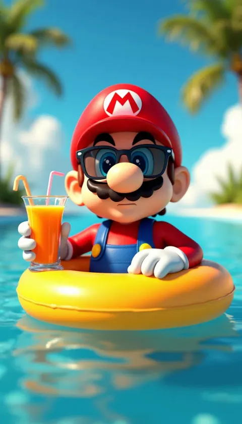 Super Mario Relaxing in Inflatable Ring