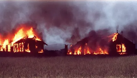 1 9 7 0 S Movie Still of a Burning Northern French House in a Field