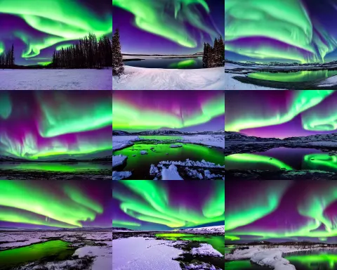 The Northern Lights Aurora Borealis in a Night Sky over a Serene Pond in Iceland