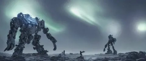 Epic Portrait Mech Robots Walking Inside a Dead World Full of Rocks and Northern Lights
