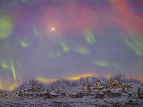 Beautiful Northern Lights over an Arctic Village
