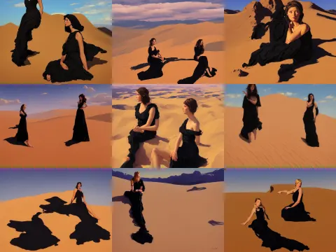 Sitting Girl in Black Dress Between Clouds Above Desert Dunes in Sunset Light
