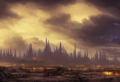 Matte Painting of One Single Tall Steel Spire Military Base Surrounded