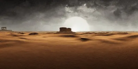 Wide Desertic Matte Painting Landscape with Ancient Temple Buried in the Sun