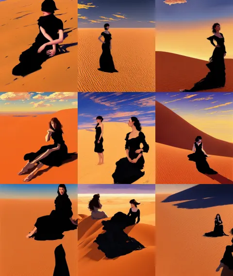 Sitting Girl in Black Dress Between Clouds Above Sahara Desert Dunes in Sunset Light