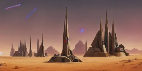 Tall Spire Military Base with Laser Turrets Shooting