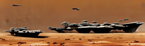 Scattered Wreckage of a Gigantic Sci-fi Aircraft Carrier in the Desert Surrounded