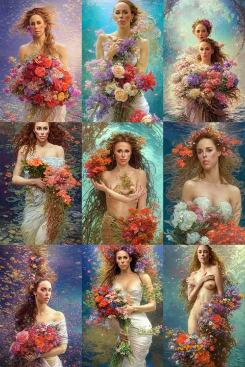 Portrait of a Beautiful Nicole Aniston Holding a Bouquet of Flowing Flowers