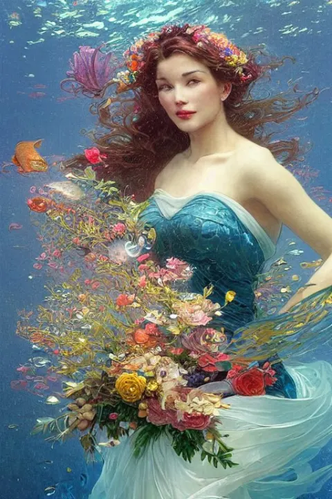 Portrait of a Beautiful Mysterious Woman Holding a Bouquet of Flowing Flowers