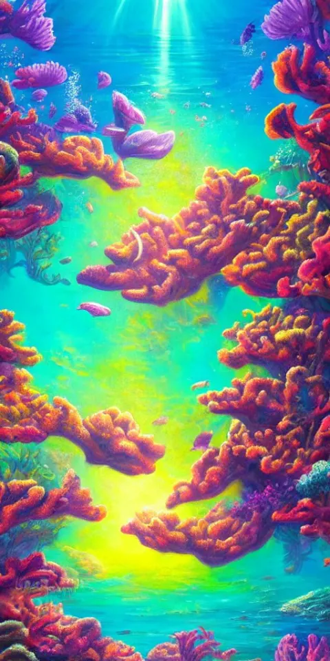 Underwater Coral Reef Landscape Magical Realism Painting with Sun Rays Coming from Above