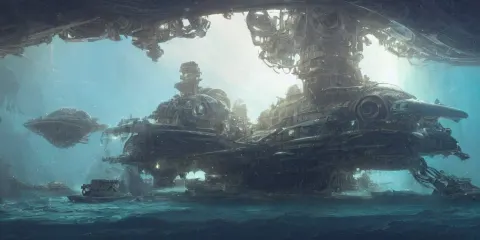 Dieselpunk Spaceship Lies at the Bottom of the Sea in a Coral Reef