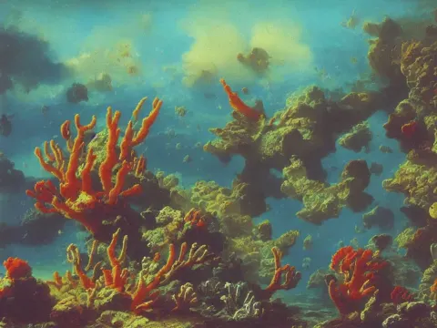 Beautiful 1976 Psychedelic Textbook Illustration of Underwater Coral Reef Seascape