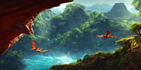 Wide Angle View of Swooping (orange Red Cerulean Indigo) Pterodactyl