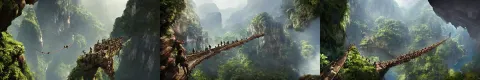 Wide Angle View of Soldiers Crossing a Suspended Rope Bridge over an Deep Canyon