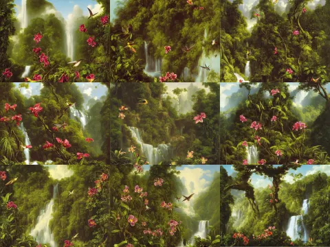An Miltonia Orchid and a Hummingbird in Front of a Jungle Landscape with Waterfall