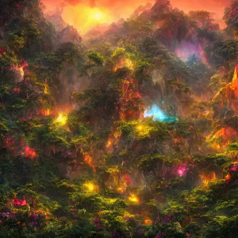 Glowing Crystal Tetrahedron in the Middle of Ancient Ruins in a Lush Prehistoric Jungle