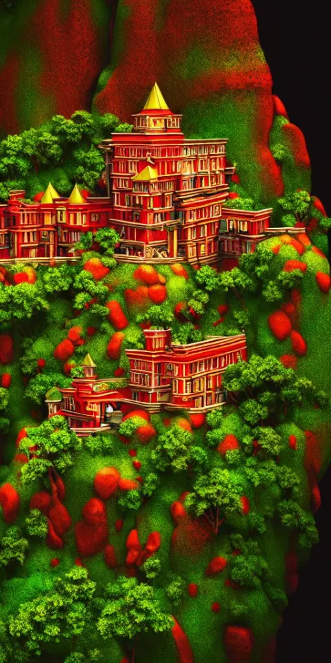 A Beautiful Hyperrealistic Red and Gold Castle on Top of a Rocky Hill Surrounded