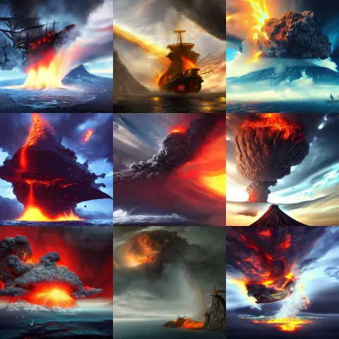 Galleon Flying over Erupting Volcanos