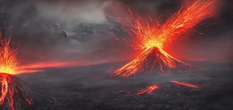 Erupting Volcano with Monsters Flying Around It