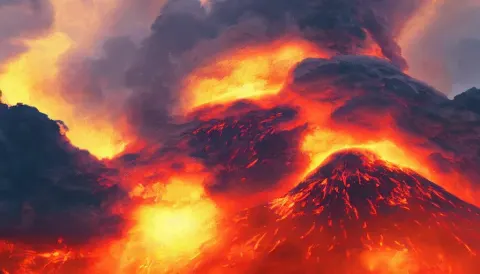 Digital Painting of a Tropical Island with an Erupting Volcano Spewing a Big Black Smoke
