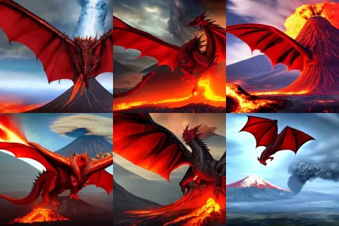 Enormous Red Dragon Flying Above an Erupting Volcano