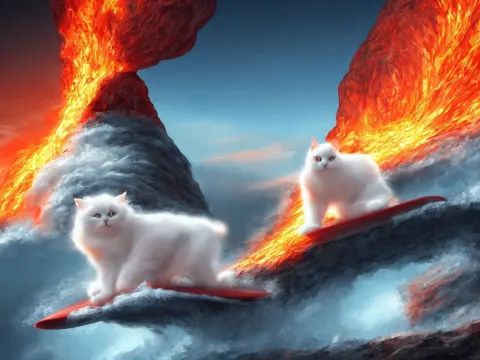 White Fluffy Cat Surfing on Lava