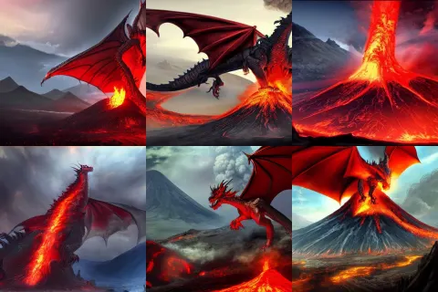 Enormous Red Dragon Perched Atop an Erupting Volcano