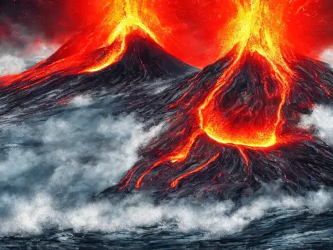 Portrait of a Arnold Schwarzenegger on Surfing Board Inside Erupting Volcano