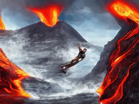Arnold Schwarzenegger Surfing on Lava from an Erupting Volcano