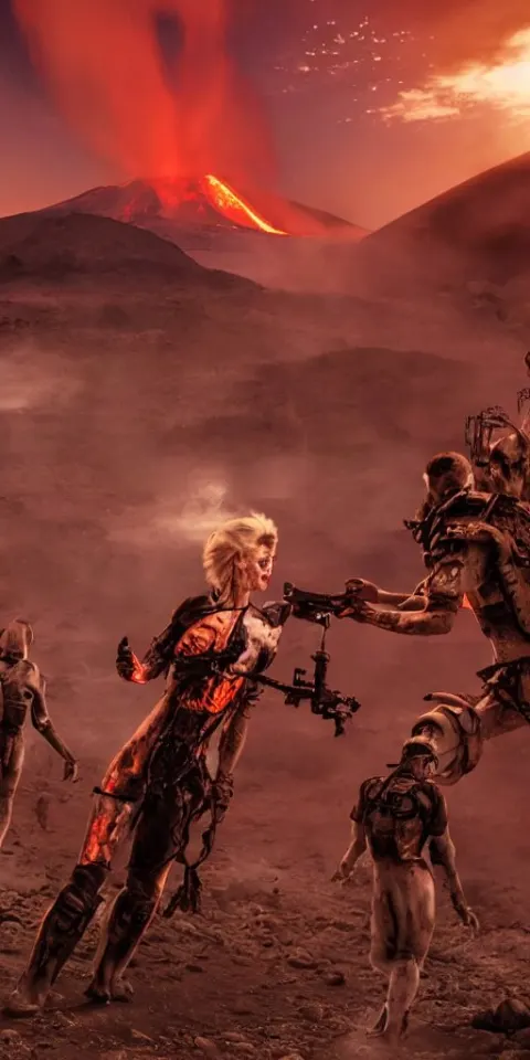 Volcano Eruption Post Apocalyptic Scene with a Blonde Cyber Girl Futuristic Mars Mad Max