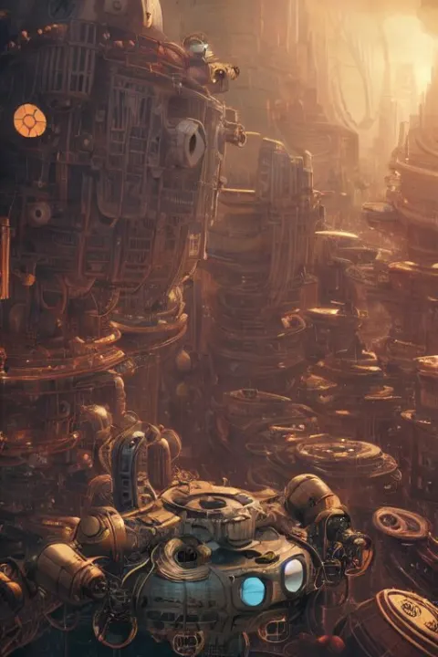 Cockpit View of an Overpopulated Steampunk Sci-fi City with Giant Robots
