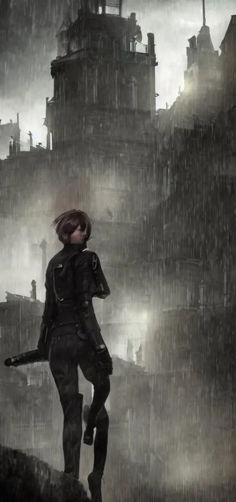 Annie Leonhart in Dunwall City Wearing Recon Corps Uniform Running on a Gothic House Roof