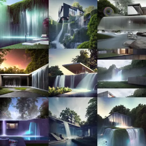 Beautiful Designer House Made of Shattered Glass and Concrete Overhanging a Waterfall