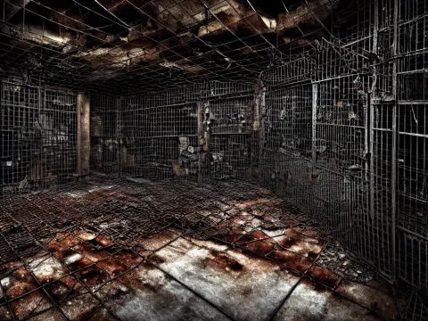 Underground Very Gloomy Multi-layered Structure of Rusty Thick Iron Grids