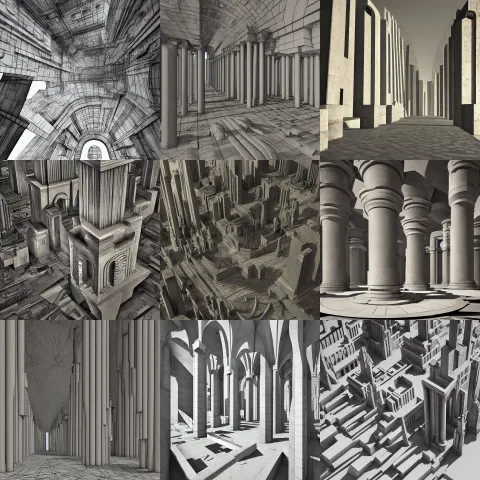 Illustration in the Style of Hugh Ferriss and Giorgio De Chirico and Gérard Trignac
