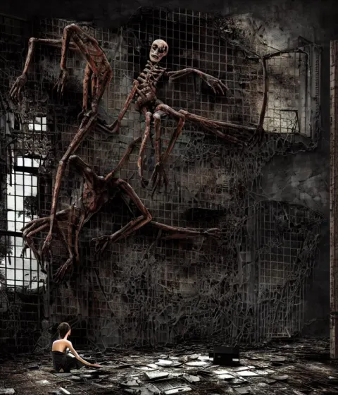 Creepy Huge Suffering Humanoid with Long Limbs Sits on the Floor and Looks at the Old TV