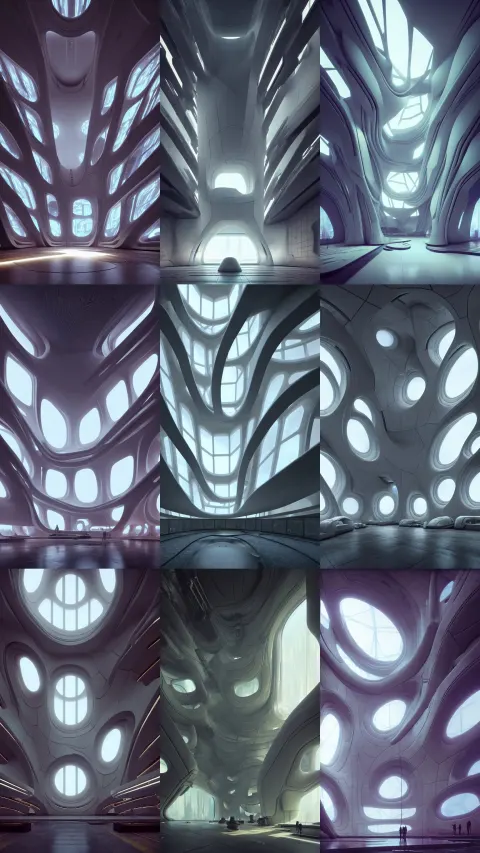 Inside of a Monument with Pods on the Wall with Cyberpunk Motifs