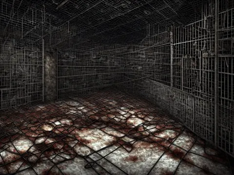 Underground Very Dark Gloomy Macabre Multi-layered Structure of Rusty Thick Iron Grids