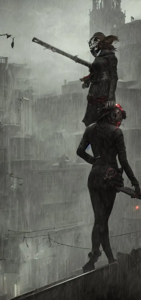 Annie Leonhart in Dunwall City Wearing Corvo Attano's Mask Running on a Roof