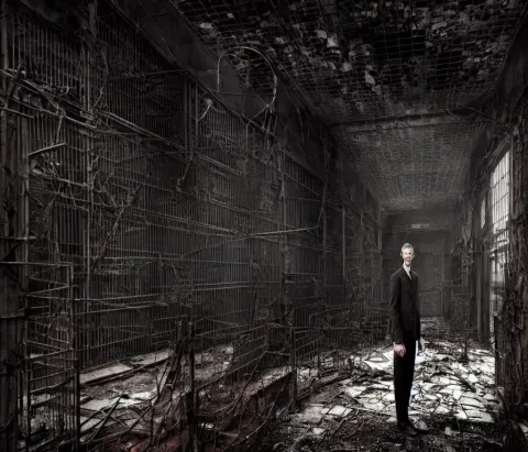 Creepy Tall Man with Very Long Limbs Sits on the Floor