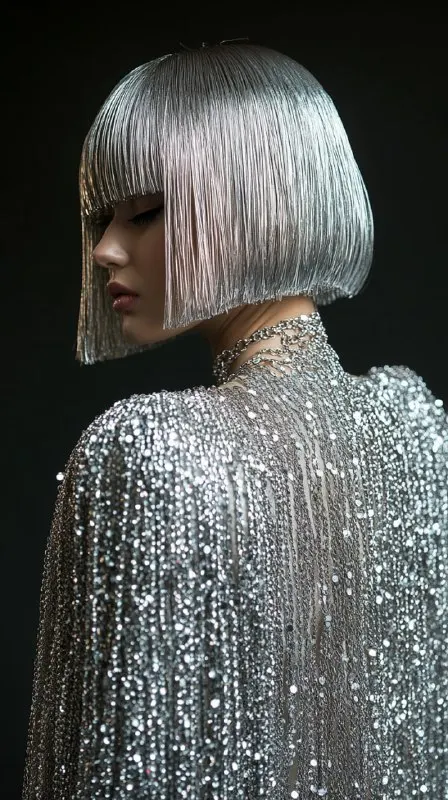 Silver Bob Hairstyle Model with Chain Cape