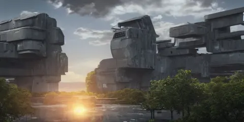 Futuristic Spaceship on the Background Brutalist Architecture