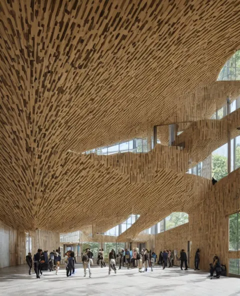 Interior of a Brutalist Building Made of Glulam