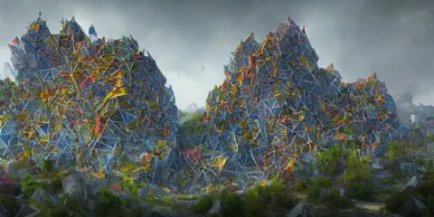 Surreal Brutalistic Building Made of Triangles in a Vibrant Naturalistic Landscape