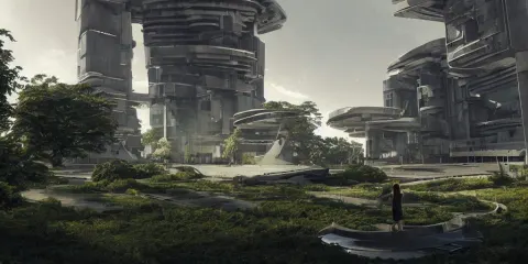 Futuristic Spaceship in the Middle of Brutalist Architecture