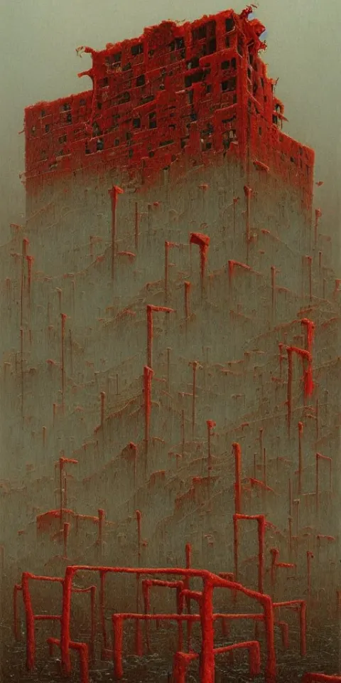 Surrealist Painting of a Brutalist Building Turning into Meat