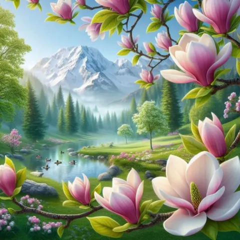 Magnolia Branch in Dreamy Summer Landscape