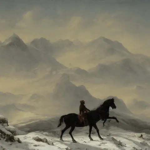 Dark Figure on Horseback in an Icy Landscape with Snow Covered Mountains in the Distance
