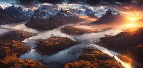 Amazing Landscape Photo of Mountains with River in Sunset